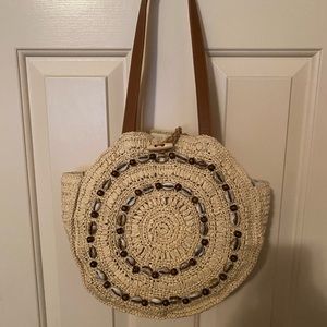 Melania by INC Boho Style Straw Shoulder  Bag with Shell & Wooden Bead Accents